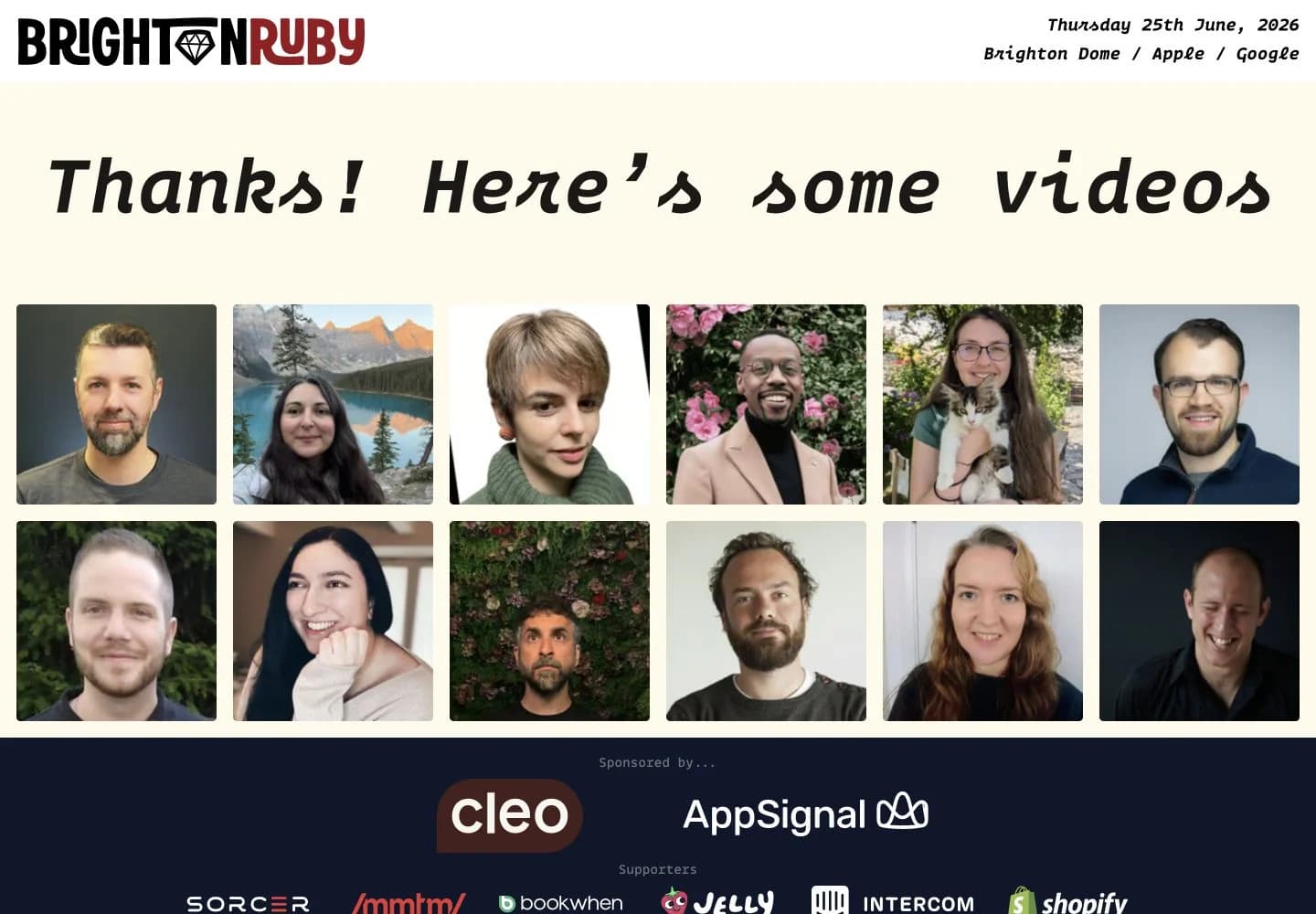 Brighton Ruby’s 2026 page shows its June date and venue, speaker portraits, and a prominent link to videos after the conference.