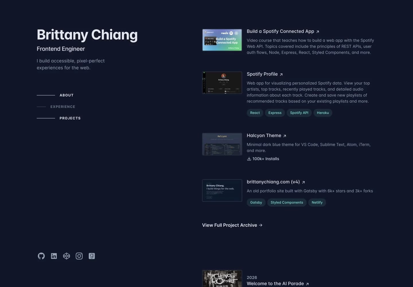 Brittany Chiang’s portfolio keeps her role on the left while project screenshots, descriptions and technology tags appear on the right.