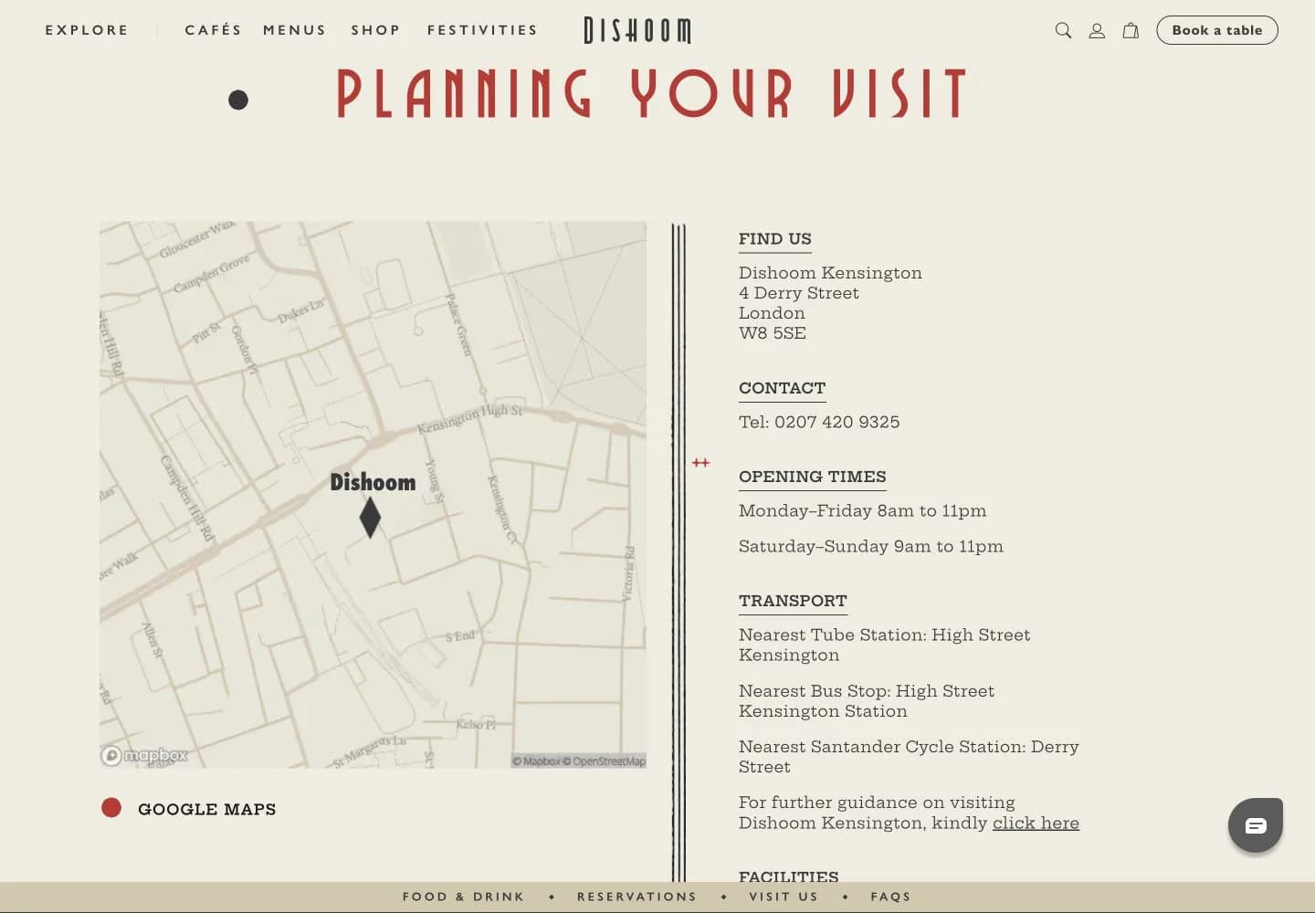Dishoom Kensington’s Planning Your Visit section places a map beside the address, telephone number, opening times and transport information.