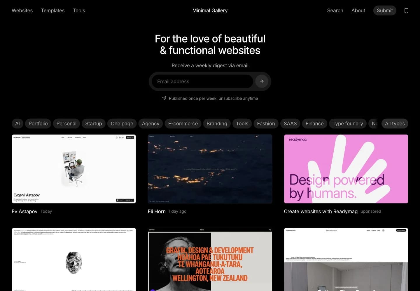 Minimal Gallery displays website screenshots in a consistent grid beneath category filters such as Portfolio, Startup and E-commerce.