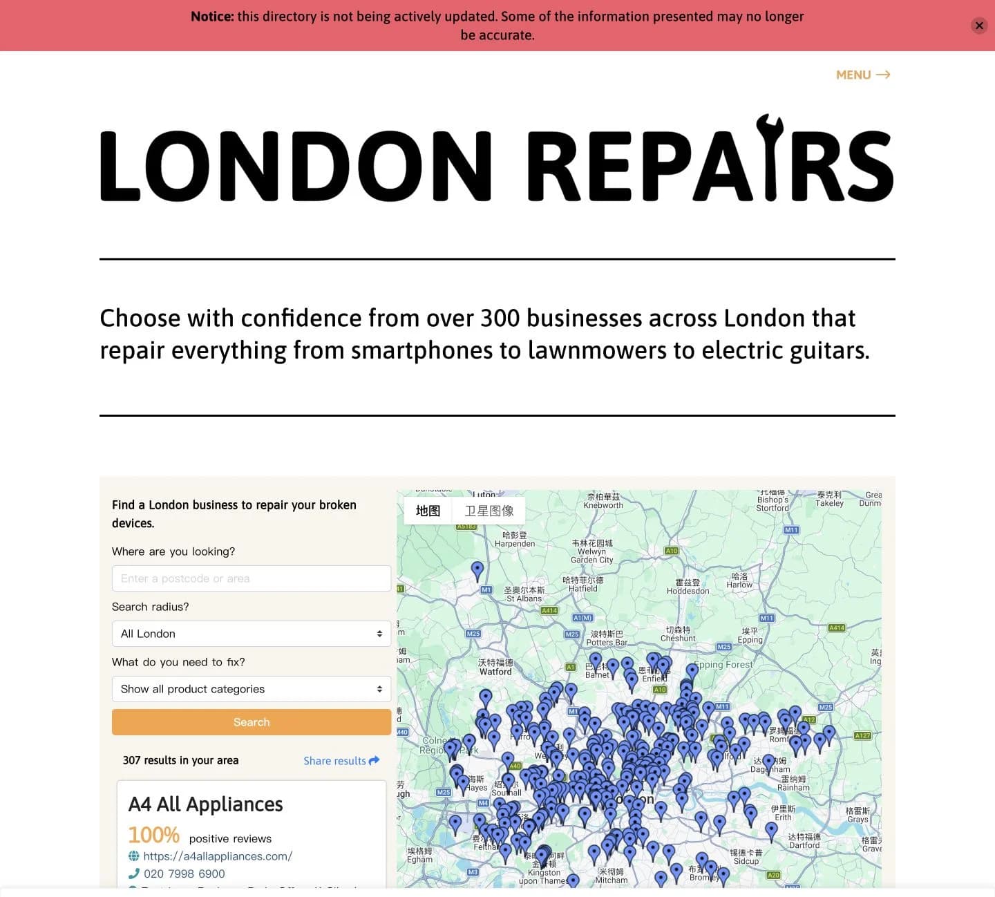 London Repairs shows area, radius and device-category controls beside a map, with a notice that the directory is no longer actively updated.