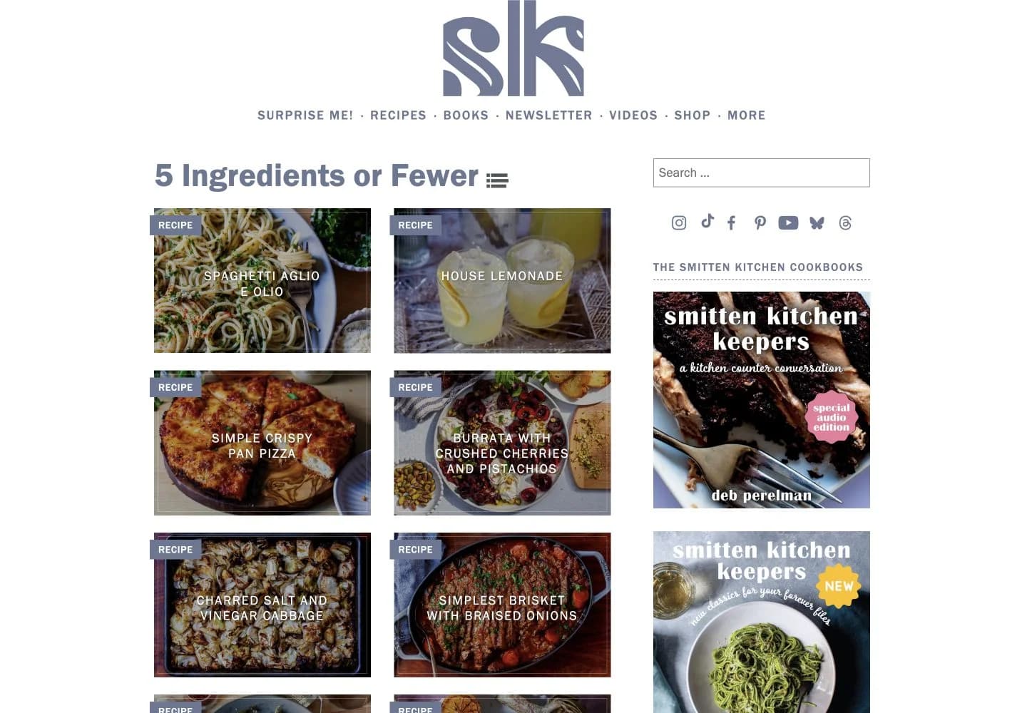 Smitten Kitchen’s 5 Ingredients or Fewer category presents named recipe photographs and an option to switch to a list.