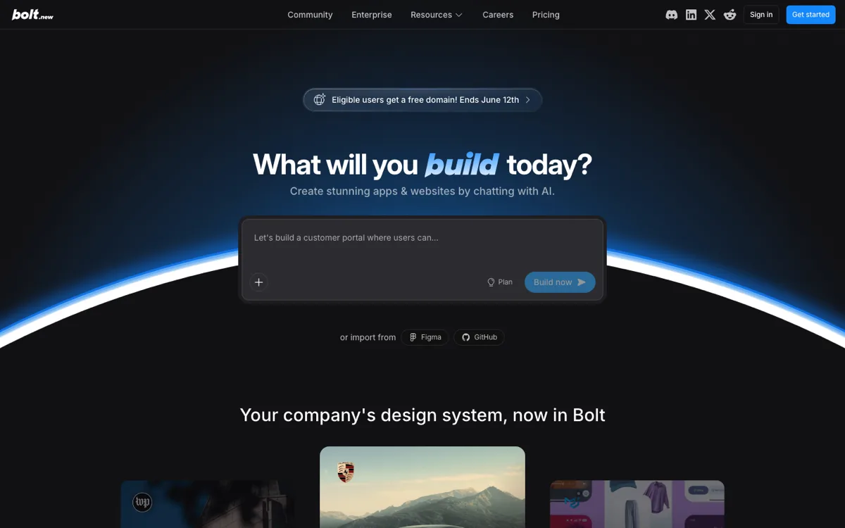 Bolt.new homepage asking 'What will you build today?' with an in-browser prompt box and Figma and GitHub import options
