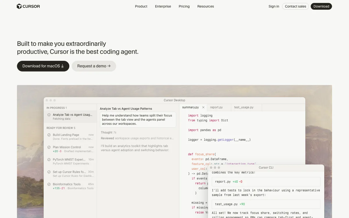 Cursor homepage showing the AI code editor with an agent task panel, a code file, and an inline AI conversation