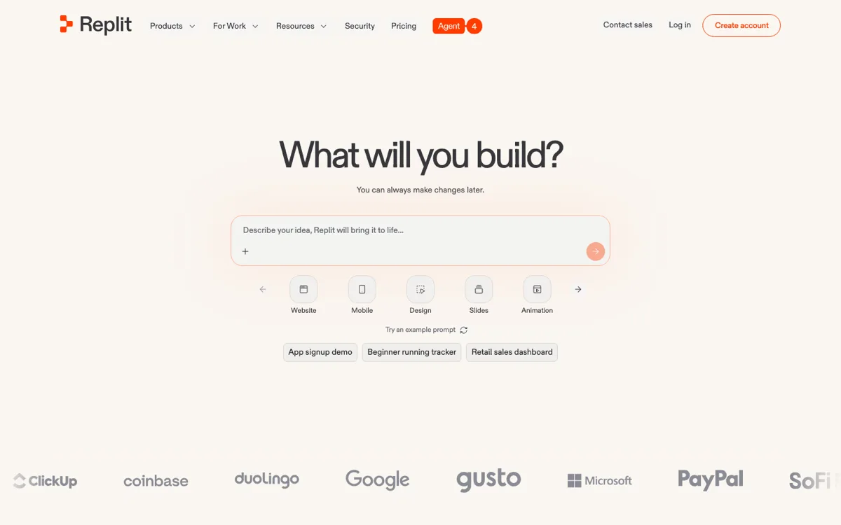 Replit homepage asking 'What will you build?' with a describe-your-idea prompt box and shortcuts for website, mobile, and design projects