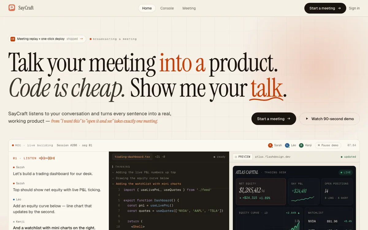SayCraft homepage with the headline 'Talk your meeting into a product' above a live meeting transcript and code preview
