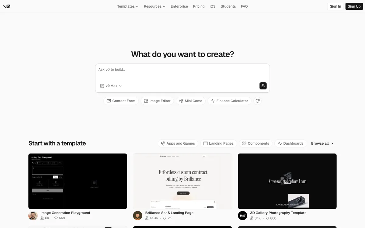 v0 by Vercel homepage asking 'What do you want to create?' with a prompt box and a gallery of starter templates