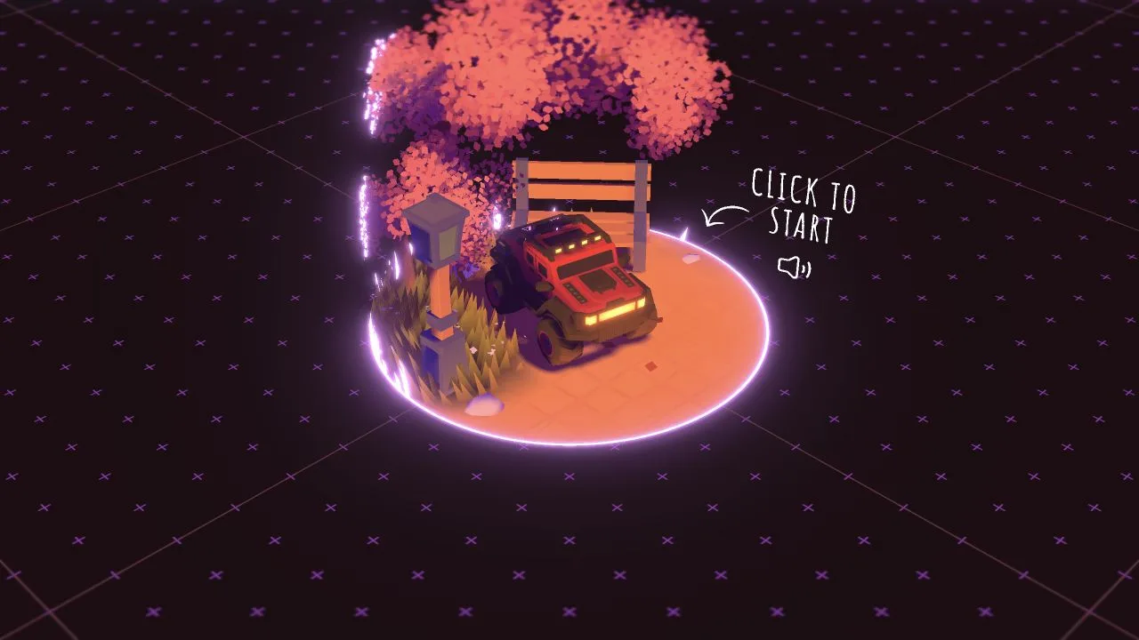 Bruno Simon's 3D entry scene with a red vehicle, illuminated circular platform, purple grid, and start instruction