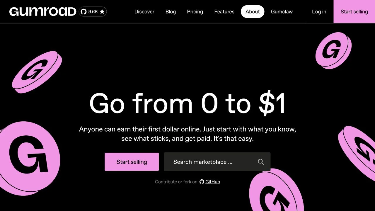Gumroad homepage with oversized white text, pink branded coins, a pink selling button, and marketplace search on black