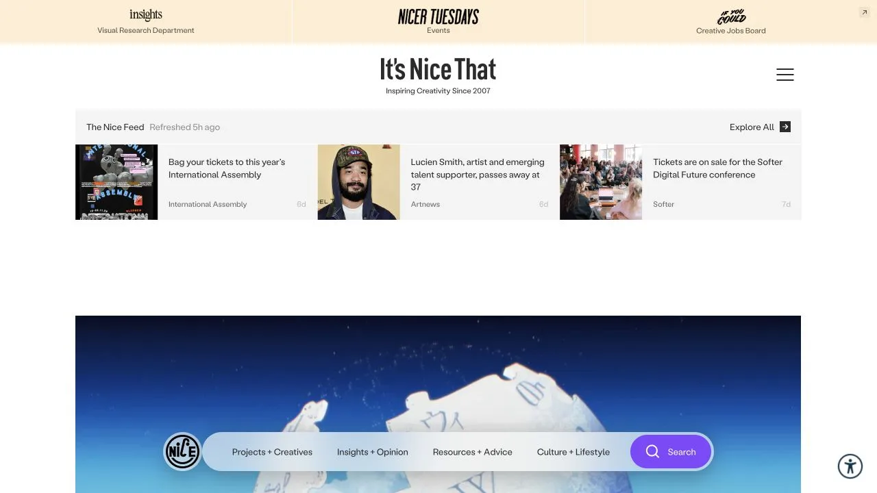 It's Nice That homepage with a centered masthead, compact news feed, large lead artwork, and floating topic navigation