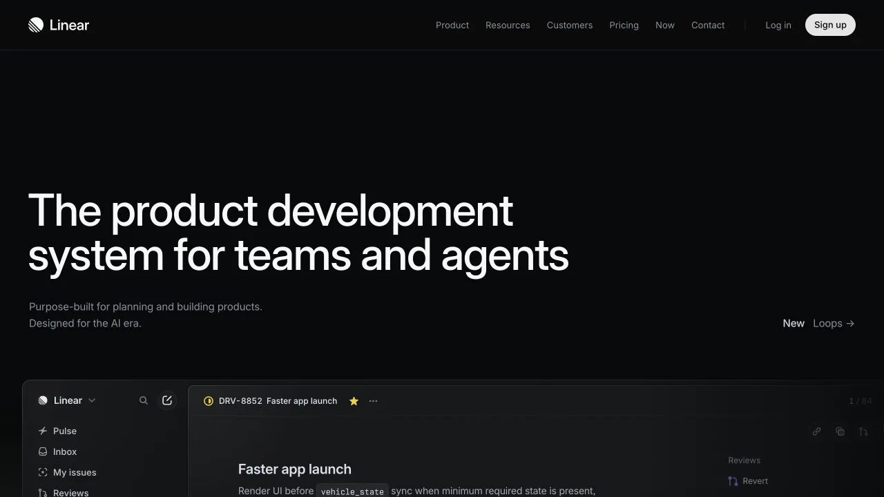 Linear's dark homepage with a large left-aligned headline and a wide product interface preview underneath