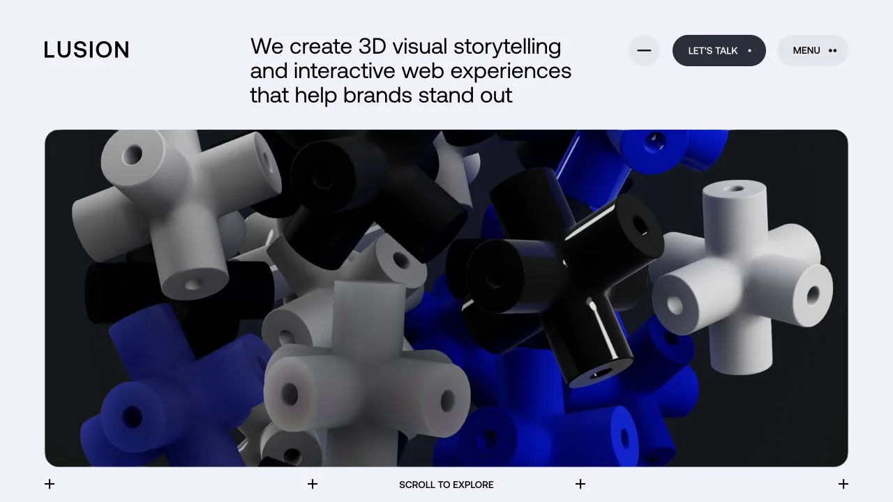 Lusion homepage with a plain service statement above blue, black, and white 3D forms in a large showreel frame