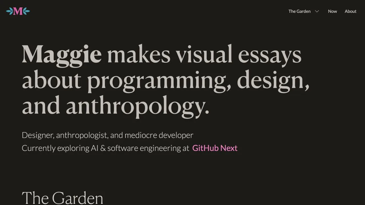 Maggie Appleton's personal homepage with oversized serif introduction, restrained navigation, and pink and teal accents